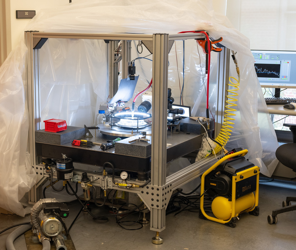 Built this electromagnetic shaker rig with pneumatic air bearing and accelerometer control system, droplet generator, air compressor for experiment pressurization, high-speed camera, and overhead camera